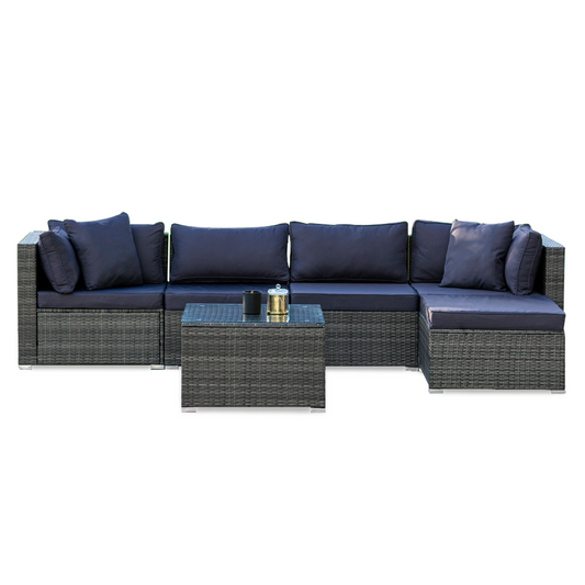 LONDON RATTAN 5 Seater Modular Outdoor Lounge Setting with Coffee Table & Ottoman - Grey - Cosy Abode