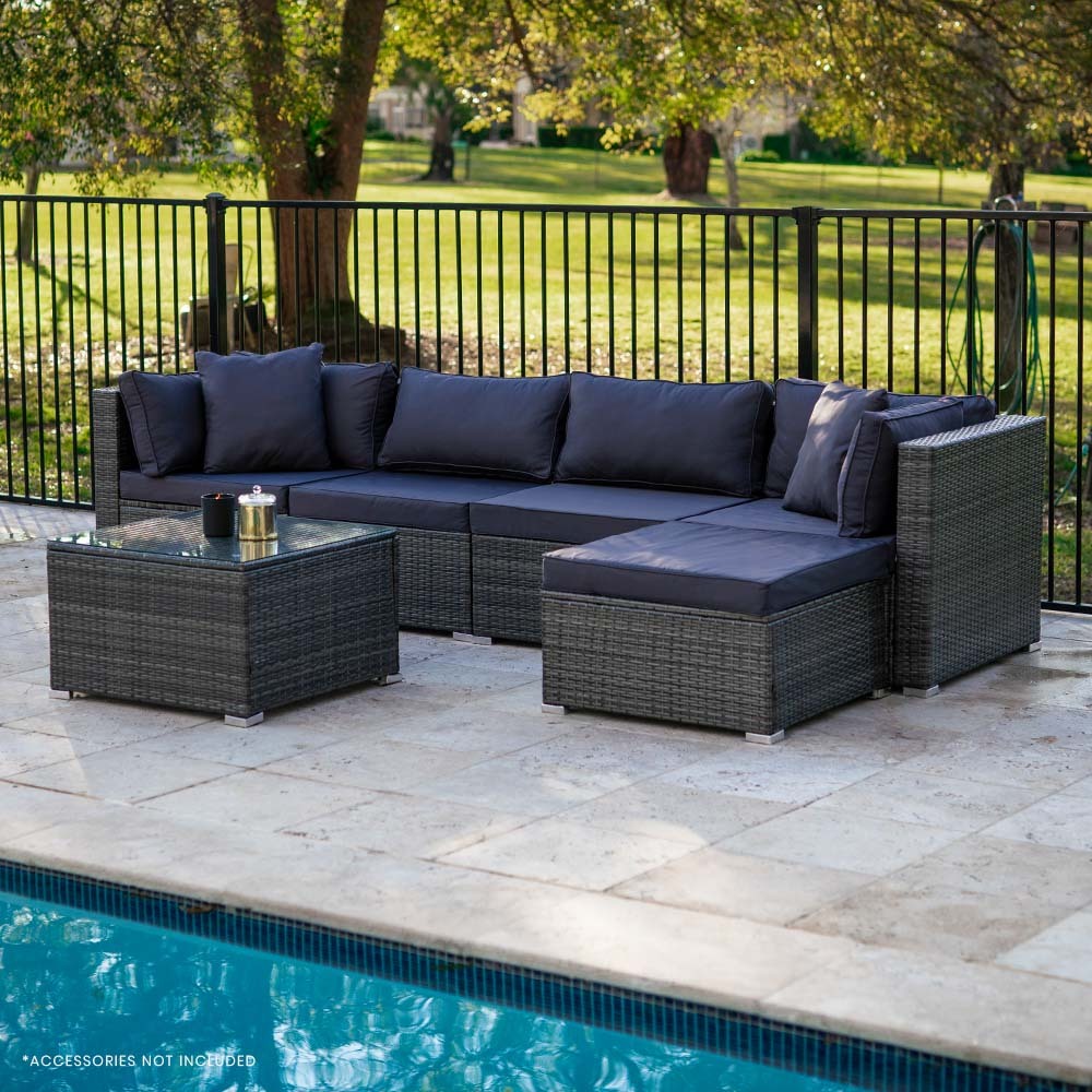 LONDON RATTAN 5 Seater Modular Outdoor Lounge Setting with Coffee Table & Ottoman - Grey - Cosy Abode