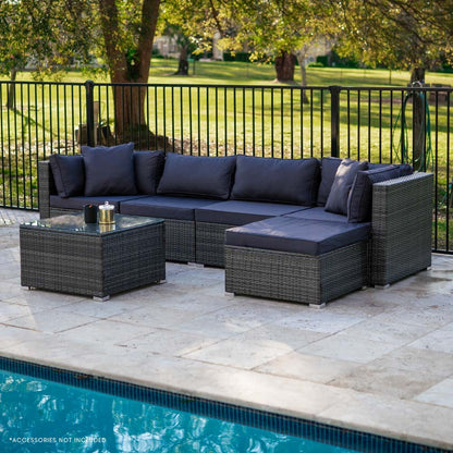 LONDON RATTAN 5 Seater Modular Outdoor Lounge Setting with Coffee Table & Ottoman - Grey - Cosy Abode
