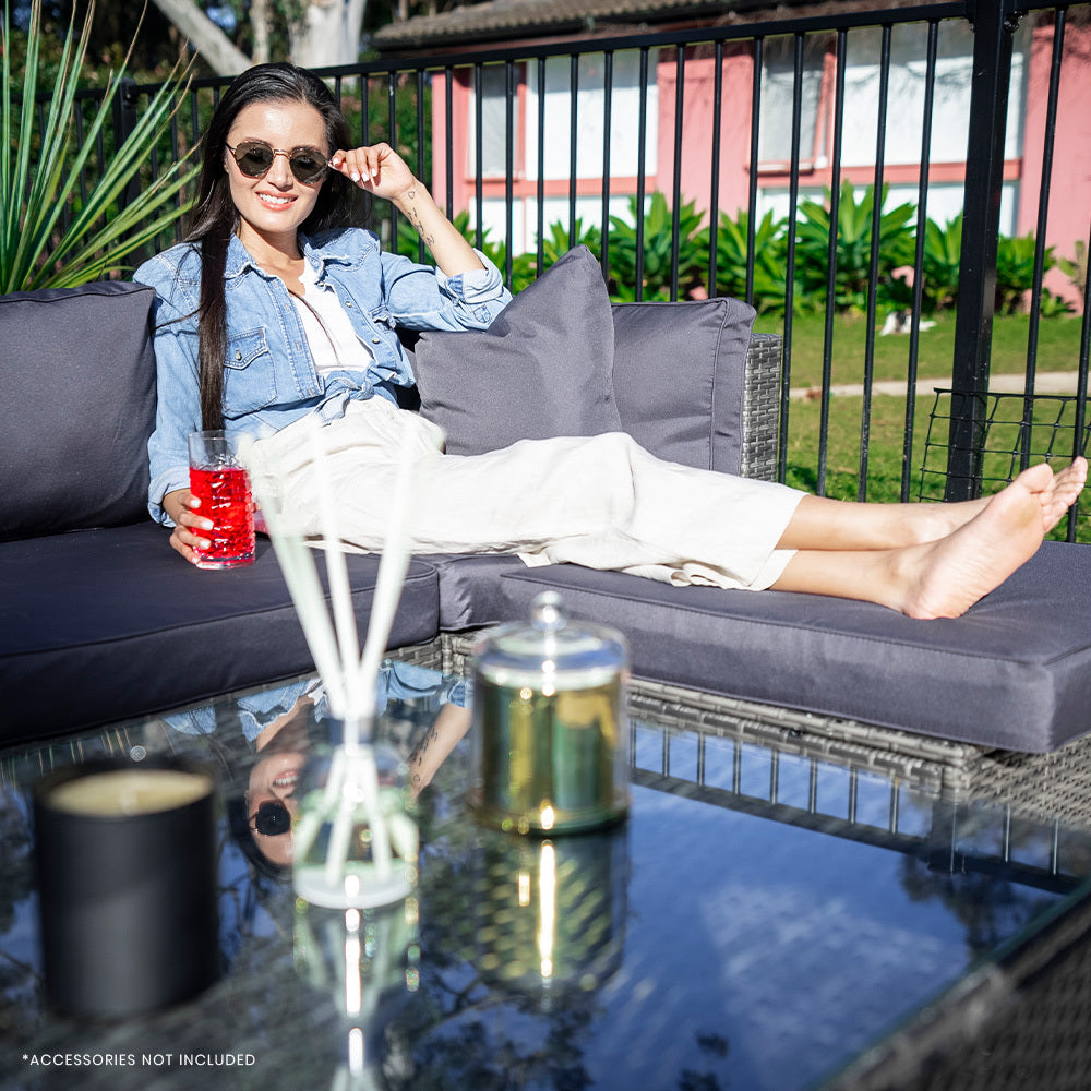 LONDON RATTAN 5 Seater Modular Outdoor Lounge Setting with Coffee Table & Ottoman - Grey - Cosy Abode