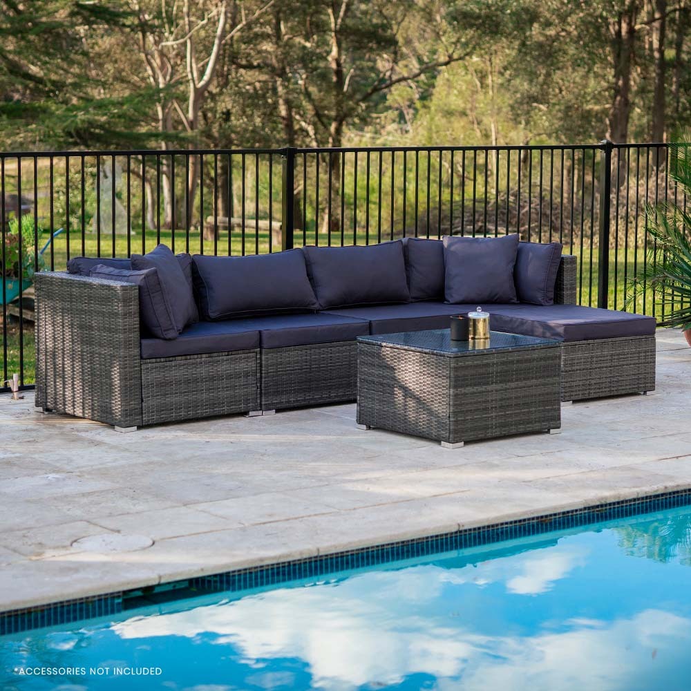 LONDON RATTAN 5 Seater Modular Outdoor Lounge Setting with Coffee Table & Ottoman - Grey - Cosy Abode