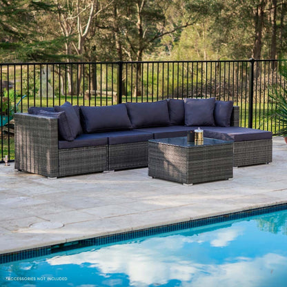 LONDON RATTAN 5 Seater Modular Outdoor Lounge Setting with Coffee Table & Ottoman - Grey - Cosy Abode