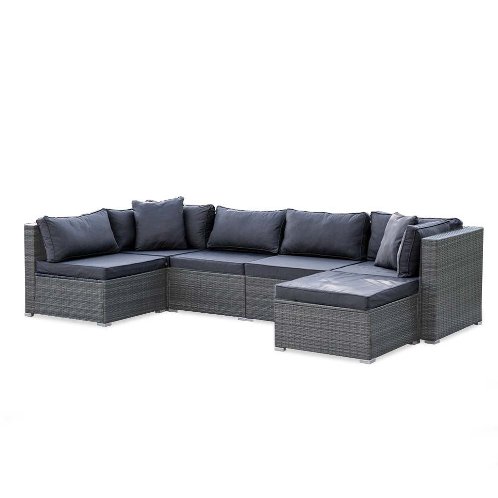 LONDON RATTAN 6 Seater Modular Outdoor Lounge Setting with Ottoman, Grey - Cosy Abode