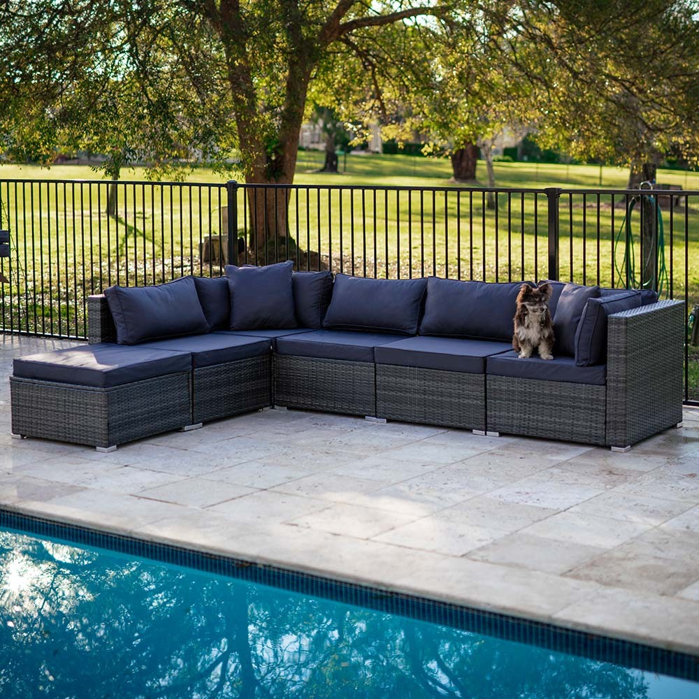 LONDON RATTAN 6 Seater Modular Outdoor Lounge Setting with Ottoman, Grey - Cosy Abode