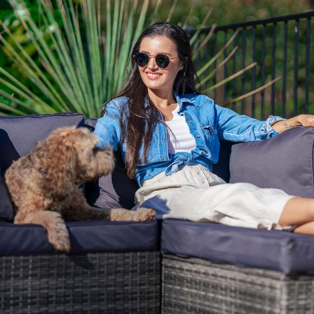 LONDON RATTAN 6 Seater Modular Outdoor Lounge Setting with Ottoman, Grey - Cosy Abode