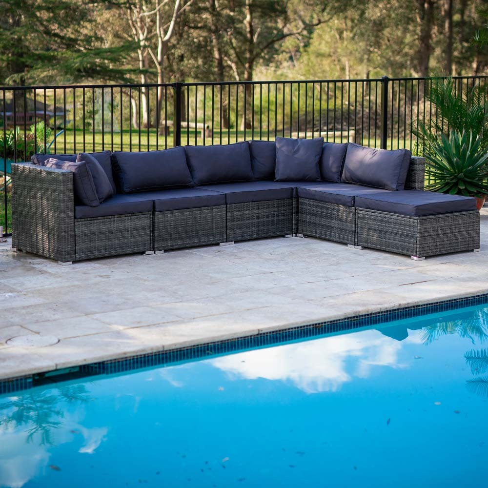 LONDON RATTAN 6 Seater Modular Outdoor Lounge Setting with Ottoman, Grey - Cosy Abode