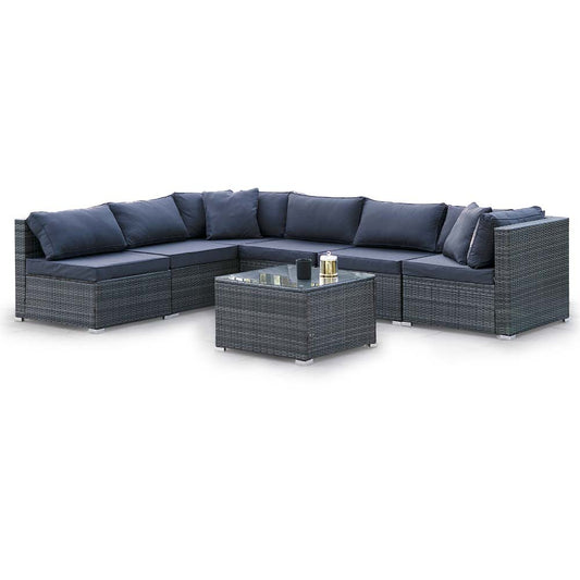 LONDON RATTAN 7 Piece 6 Seater Modular Outdoor Lounge Setting with Coffee Table - Grey - Cosy Abode