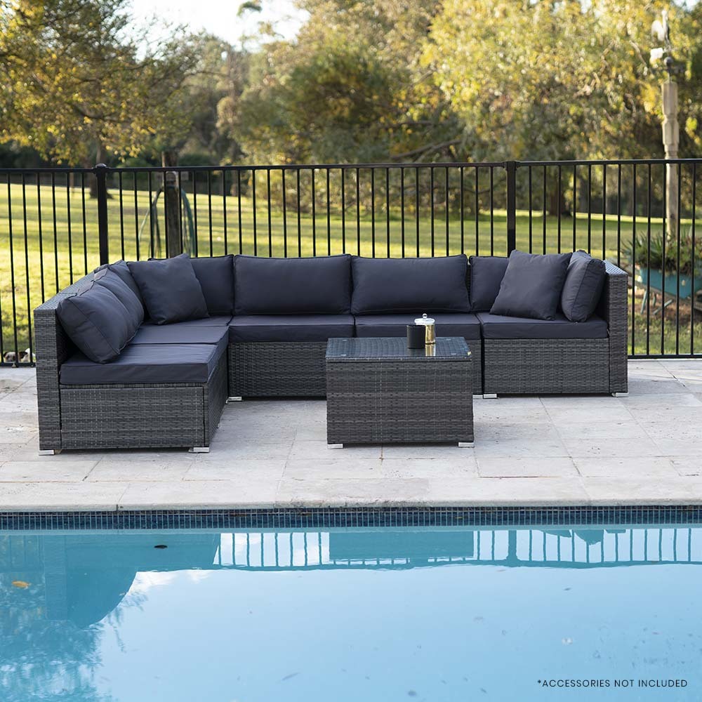 LONDON RATTAN 7 Piece 6 Seater Modular Outdoor Lounge Setting with Coffee Table - Grey - Cosy Abode