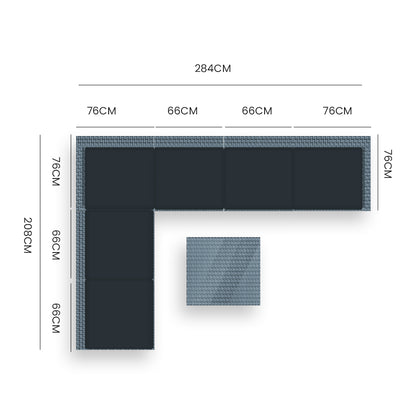 LONDON RATTAN 7 Piece 6 Seater Modular Outdoor Lounge Setting with Coffee Table - Grey - Cosy Abode
