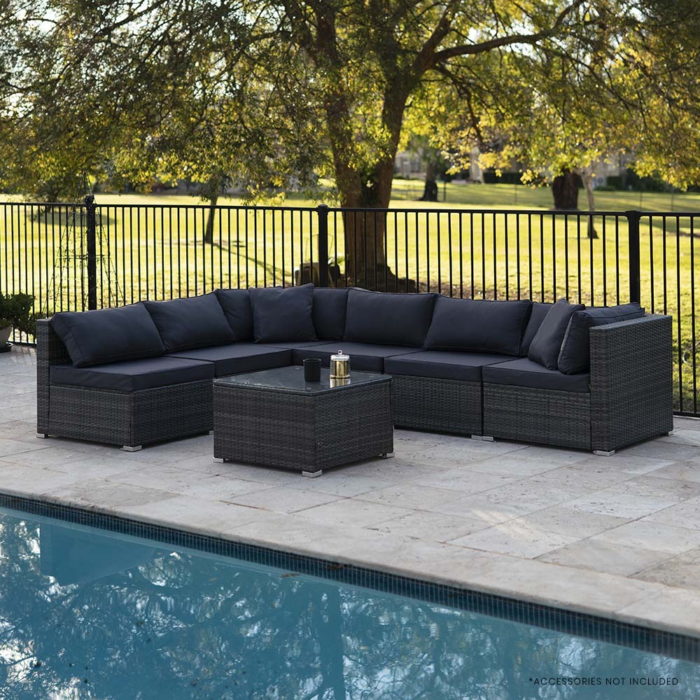 LONDON RATTAN 7 Piece 6 Seater Modular Outdoor Lounge Setting with Coffee Table - Grey - Cosy Abode