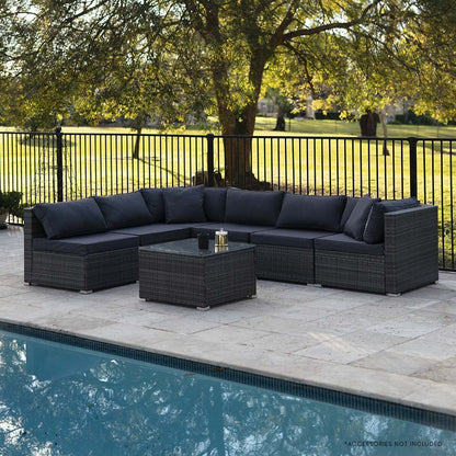 LONDON RATTAN 7 Piece 6 Seater Modular Outdoor Lounge Setting with Coffee Table - Grey - Cosy Abode