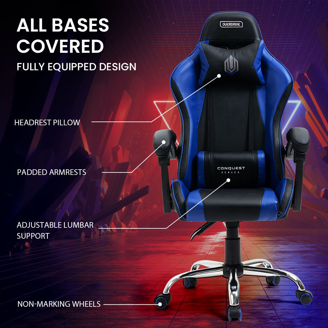 OVERDRIVE Conquest Series Reclining Gaming Ergonomic Office Chair with Lumbar and Neck Pillows, Black and Blue - Cosy Abode