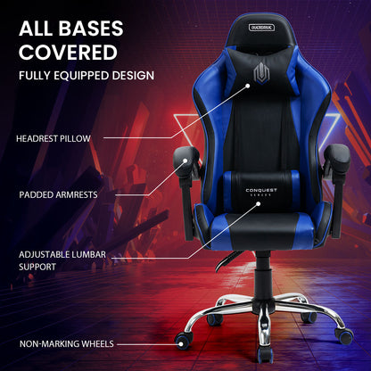 OVERDRIVE Conquest Series Reclining Gaming Ergonomic Office Chair with Lumbar and Neck Pillows, Black and Blue - Cosy Abode