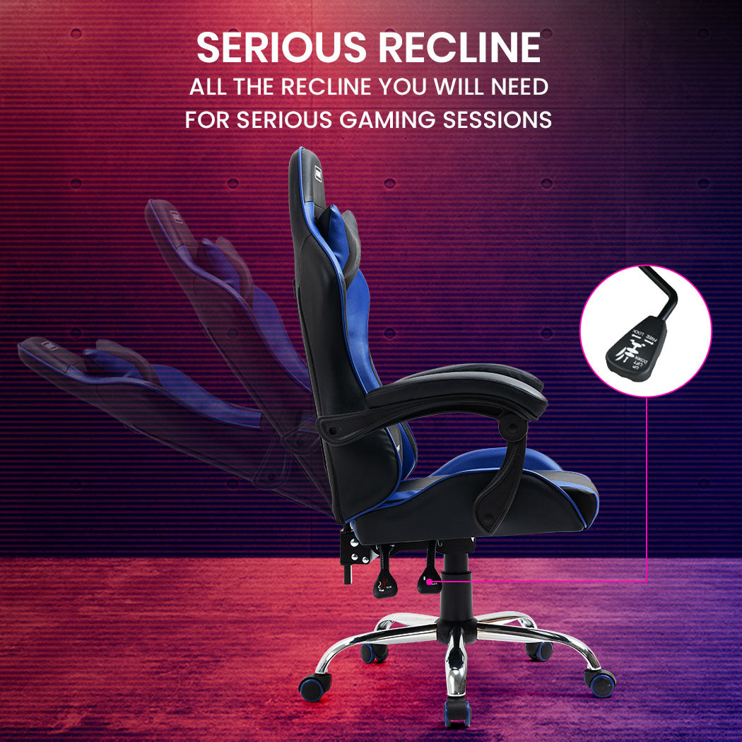 OVERDRIVE Conquest Series Reclining Gaming Ergonomic Office Chair with Lumbar and Neck Pillows, Black and Blue - Cosy Abode