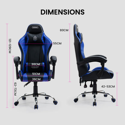 OVERDRIVE Conquest Series Reclining Gaming Ergonomic Office Chair with Lumbar and Neck Pillows, Black and Blue - Cosy Abode
