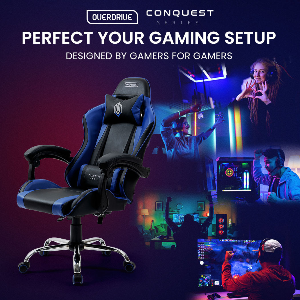 OVERDRIVE Conquest Series Reclining Gaming Ergonomic Office Chair with Lumbar and Neck Pillows, Black and Blue - Cosy Abode