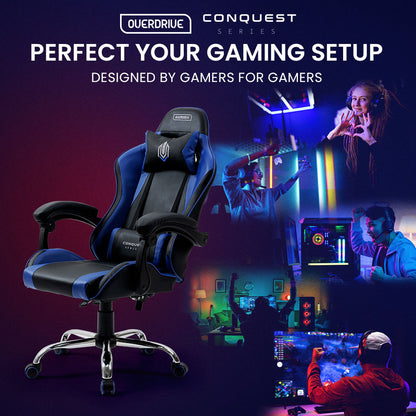 OVERDRIVE Conquest Series Reclining Gaming Ergonomic Office Chair with Lumbar and Neck Pillows, Black and Blue - Cosy Abode