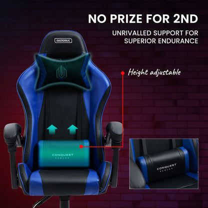 OVERDRIVE Conquest Series Reclining Gaming Ergonomic Office Chair with Lumbar and Neck Pillows, Black and Blue - Cosy Abode