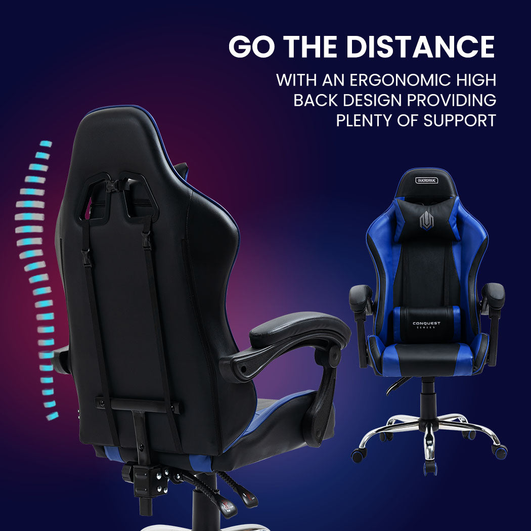 OVERDRIVE Conquest Series Reclining Gaming Ergonomic Office Chair with Lumbar and Neck Pillows, Black and Blue - Cosy Abode