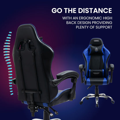 OVERDRIVE Conquest Series Reclining Gaming Ergonomic Office Chair with Lumbar and Neck Pillows, Black and Blue - Cosy Abode