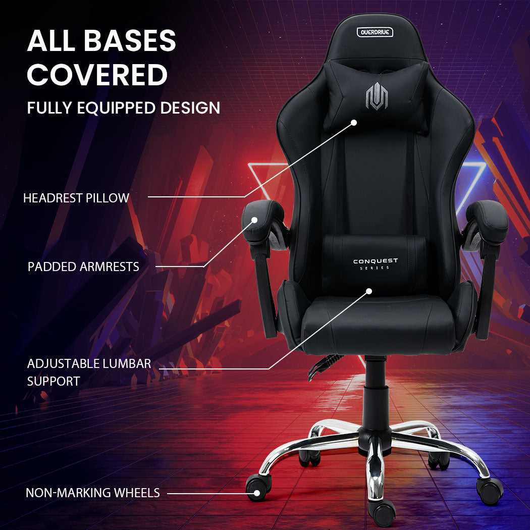 OVERDRIVE Conquest Series Reclining Gaming Ergonomic Office Chair with Lumbar and Neck Pillows, Black - Cosy Abode