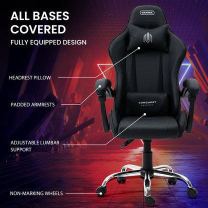 OVERDRIVE Conquest Series Reclining Gaming Ergonomic Office Chair with Lumbar and Neck Pillows, Black - Cosy Abode