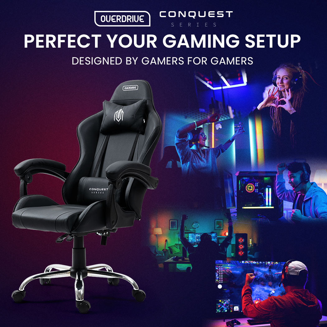 OVERDRIVE Conquest Series Reclining Gaming Ergonomic Office Chair with Lumbar and Neck Pillows, Black - Cosy Abode