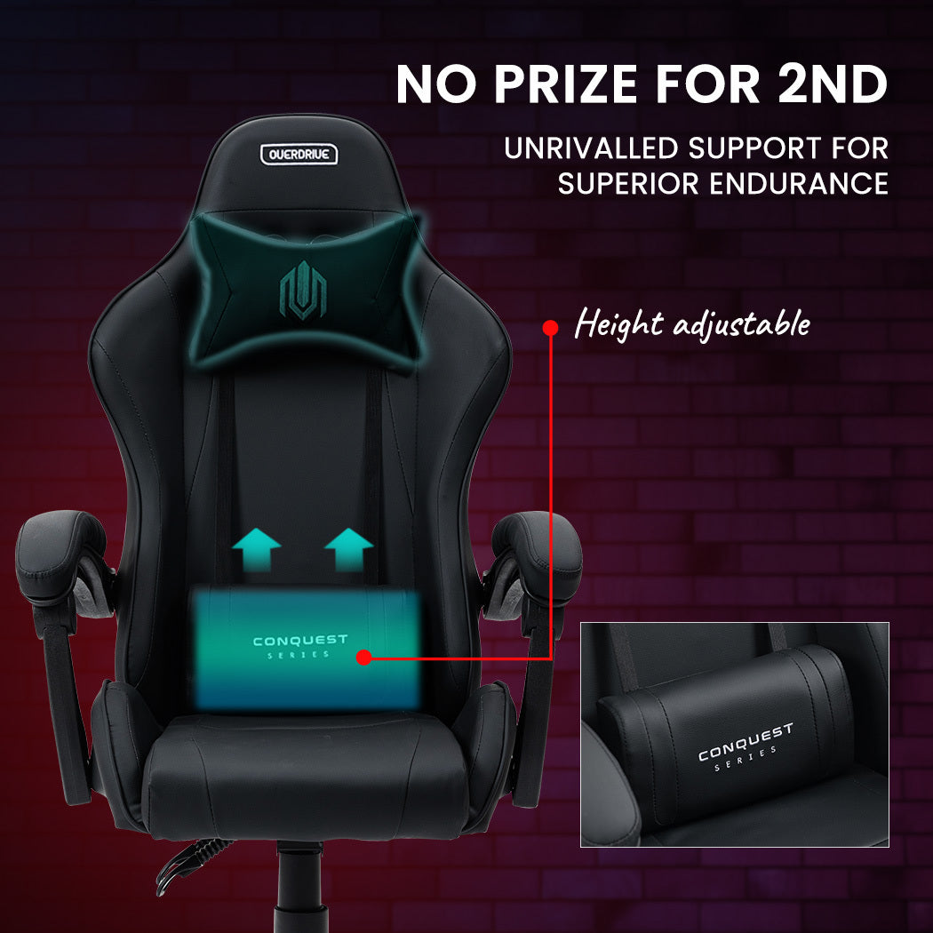 OVERDRIVE Conquest Series Reclining Gaming Ergonomic Office Chair with Lumbar and Neck Pillows, Black - Cosy Abode