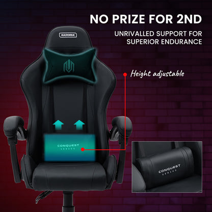 OVERDRIVE Conquest Series Reclining Gaming Ergonomic Office Chair with Lumbar and Neck Pillows, Black - Cosy Abode