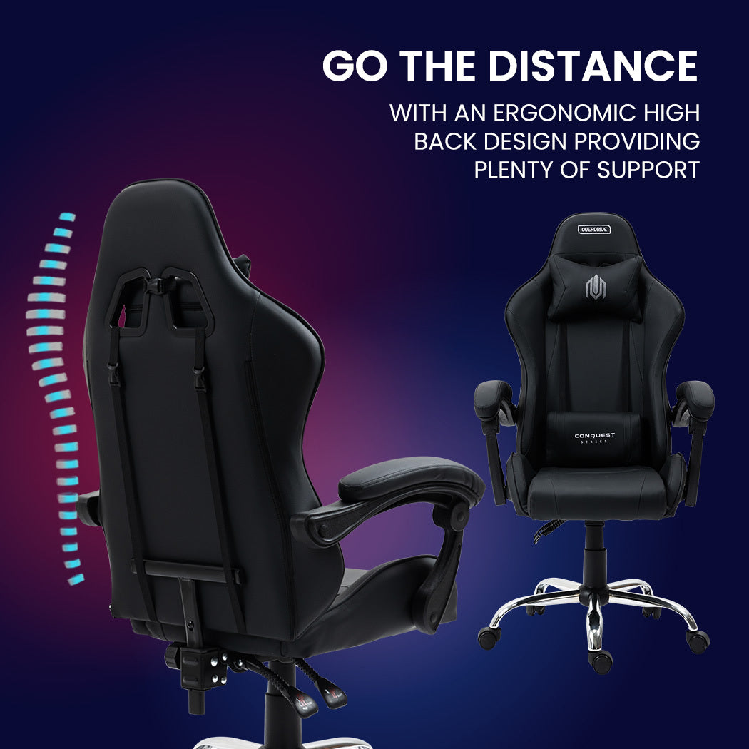 OVERDRIVE Conquest Series Reclining Gaming Ergonomic Office Chair with Lumbar and Neck Pillows, Black - Cosy Abode