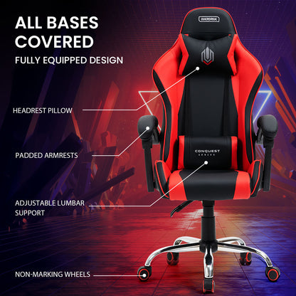 OVERDRIVE Conquest Series Reclining Gaming Ergonomic Office Chair with Lumbar and Neck Pillows, Black and Red - Cosy Abode