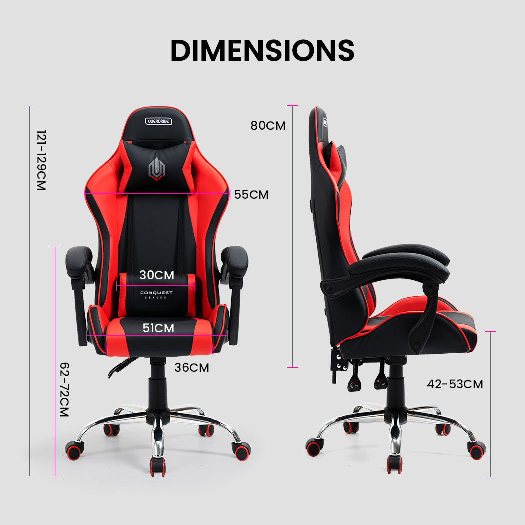 OVERDRIVE Conquest Series Reclining Gaming Ergonomic Office Chair with Lumbar and Neck Pillows, Black and Red - Cosy Abode