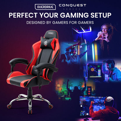 OVERDRIVE Conquest Series Reclining Gaming Ergonomic Office Chair with Lumbar and Neck Pillows, Black and Red - Cosy Abode