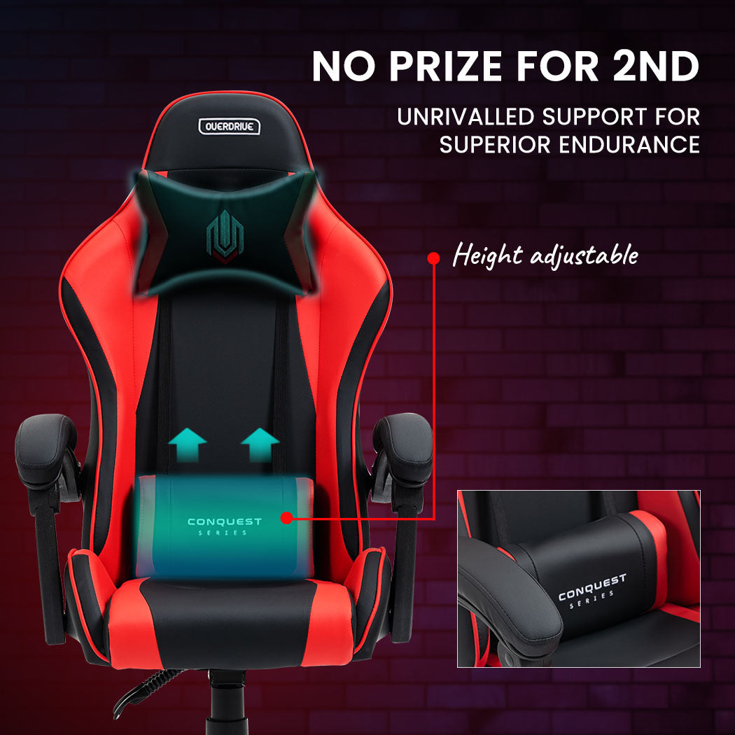 OVERDRIVE Conquest Series Reclining Gaming Ergonomic Office Chair with Lumbar and Neck Pillows, Black and Red - Cosy Abode
