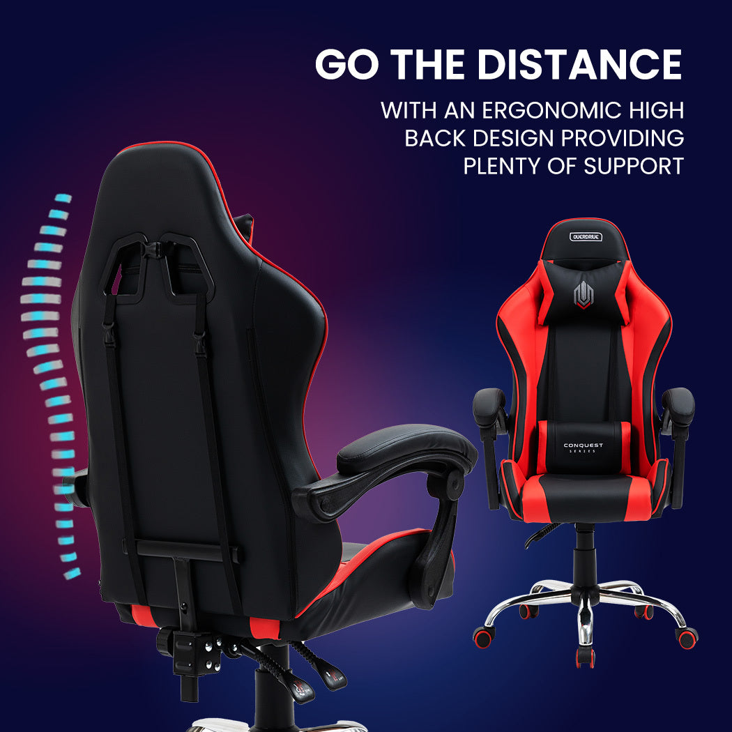 OVERDRIVE Conquest Series Reclining Gaming Ergonomic Office Chair with Lumbar and Neck Pillows, Black and Red - Cosy Abode