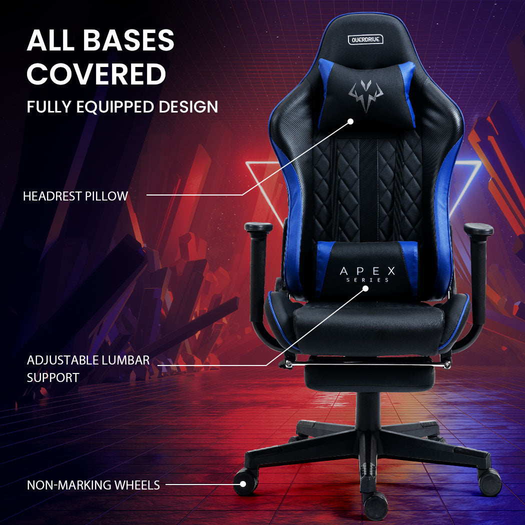 OVERDRIVE Apex Series Reclining Gaming Ergonomic Office Chair with Footrest, Black and Blue - Cosy Abode