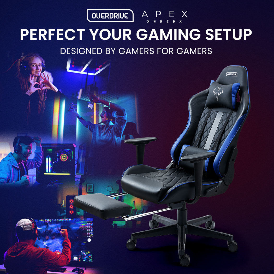 OVERDRIVE Apex Series Reclining Gaming Ergonomic Office Chair with Footrest, Black and Blue - Cosy Abode