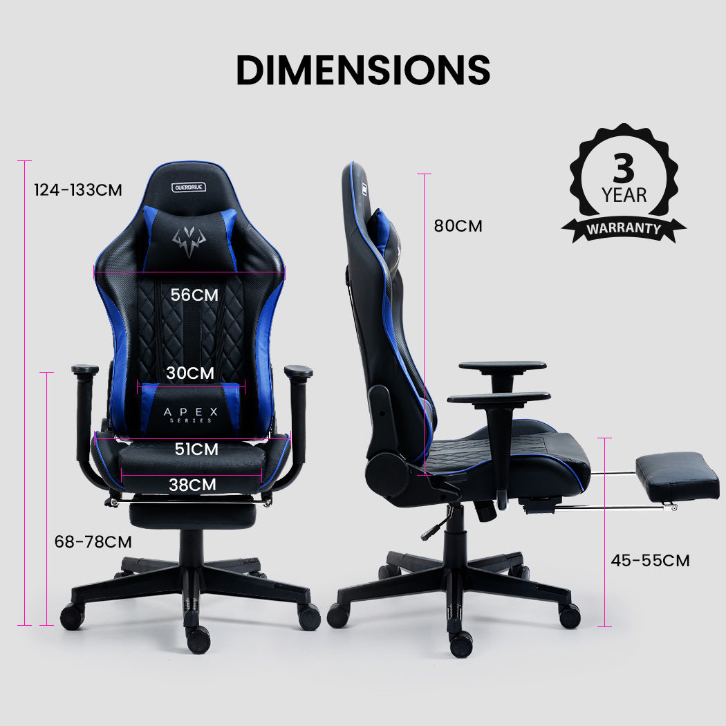 OVERDRIVE Apex Series Reclining Gaming Ergonomic Office Chair with Footrest, Black and Blue - Cosy Abode