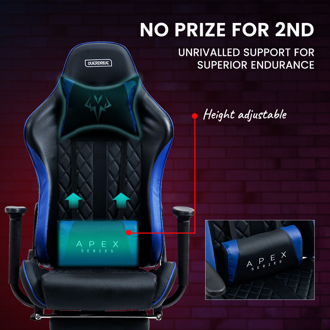 OVERDRIVE Apex Series Reclining Gaming Ergonomic Office Chair with Footrest, Black and Blue - Cosy Abode