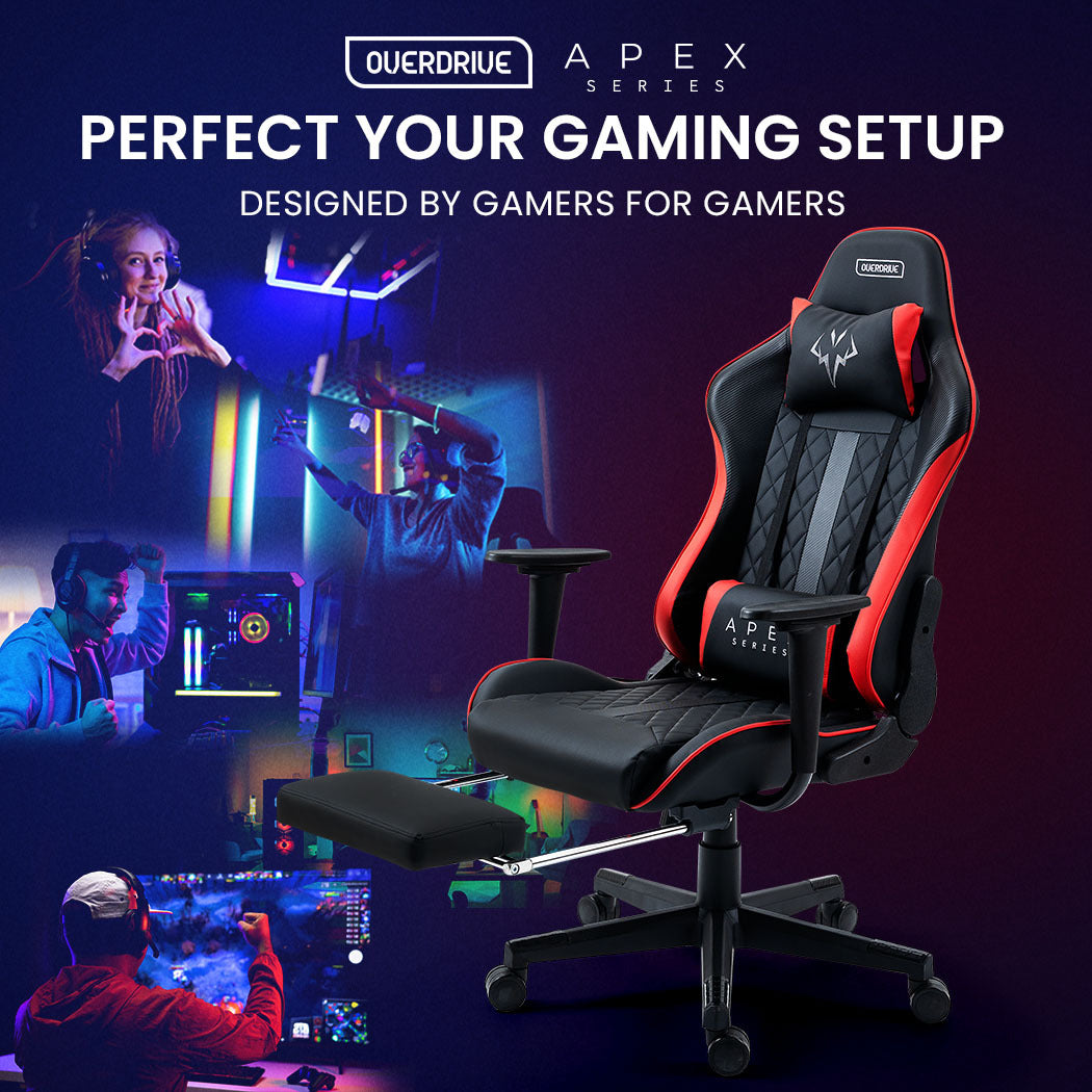 OVERDRIVE Apex Series Reclining Gaming Ergonomic Office Chair with Footrest, Black and Red - Cosy Abode
