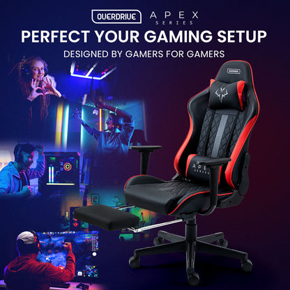 OVERDRIVE Apex Series Reclining Gaming Ergonomic Office Chair with Footrest, Black and Red - Cosy Abode