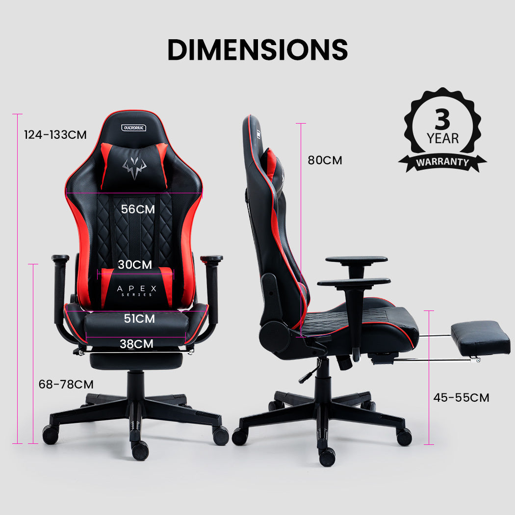 OVERDRIVE Apex Series Reclining Gaming Ergonomic Office Chair with Footrest, Black and Red - Cosy Abode