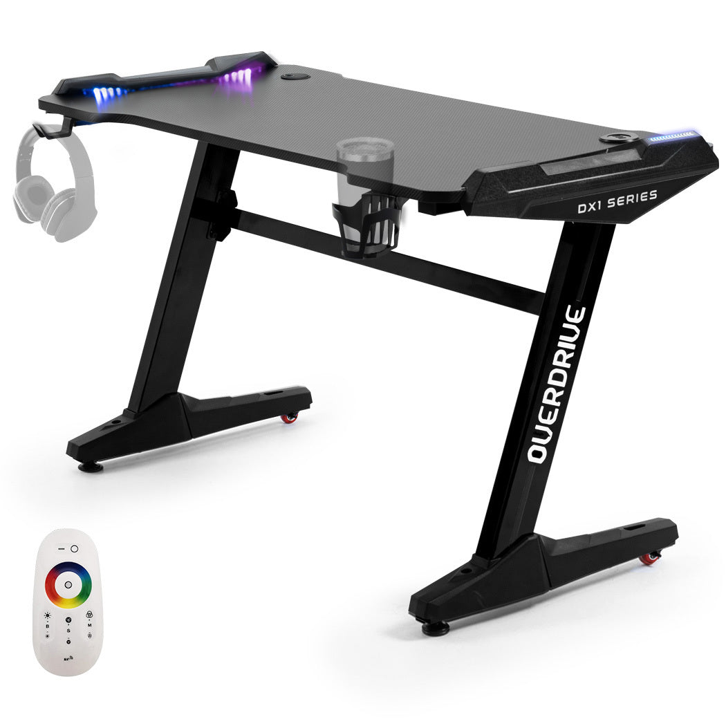 OVERDRIVE Gaming Desk, 120x60cm, Carbon Fiber Styling, LED Lights, Headset Hanger, Cup Holder, Cable Management, Black - Cosy Abode