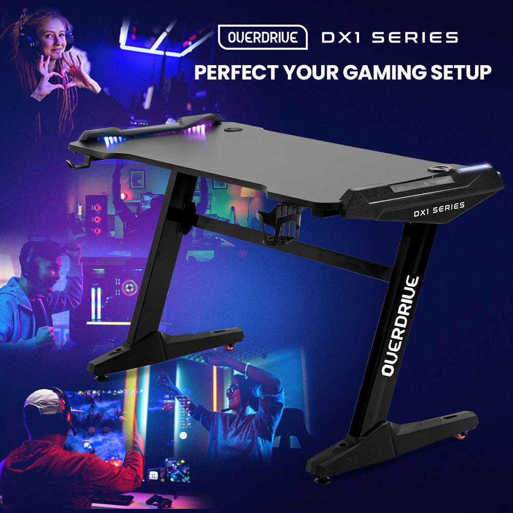 OVERDRIVE Gaming Desk, 120x60cm, Carbon Fiber Styling, LED Lights, Headset Hanger, Cup Holder, Cable Management, Black - Cosy Abode