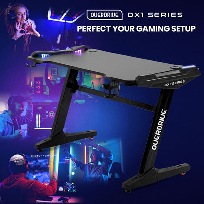 OVERDRIVE Gaming Desk, 120x60cm, Carbon Fiber Styling, LED Lights, Headset Hanger, Cup Holder, Cable Management, Black - Cosy Abode