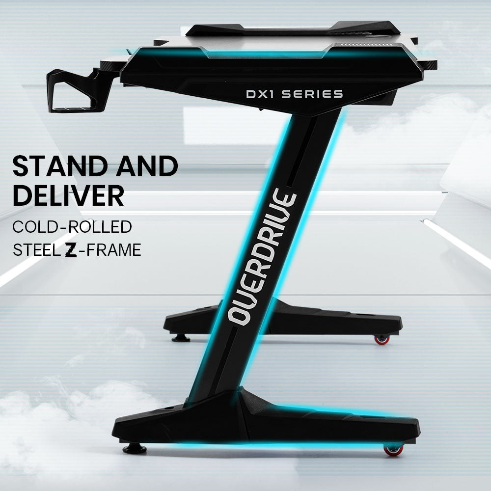 OVERDRIVE Gaming Desk, 120x60cm, Carbon Fiber Styling, LED Lights, Headset Hanger, Cup Holder, Cable Management, Black - Cosy Abode