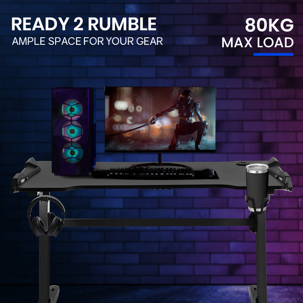 OVERDRIVE Gaming Desk, 120x60cm, Carbon Fiber Styling, LED Lights, Headset Hanger, Cup Holder, Cable Management, Black - Cosy Abode