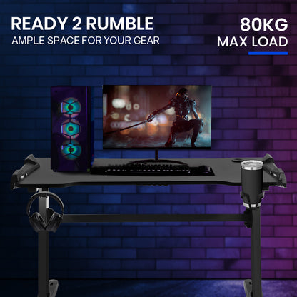 OVERDRIVE Gaming Desk, 120x60cm, Carbon Fiber Styling, LED Lights, Headset Hanger, Cup Holder, Cable Management, Black - Cosy Abode