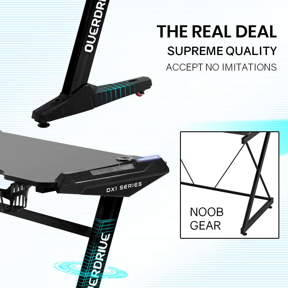 OVERDRIVE Gaming Desk, 120x60cm, Carbon Fiber Styling, LED Lights, Headset Hanger, Cup Holder, Cable Management, Black - Cosy Abode