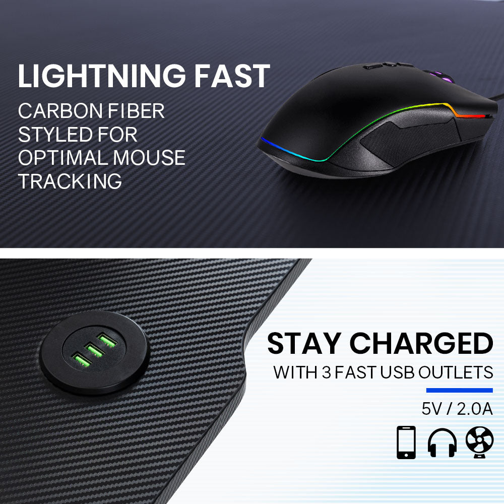 OVERDRIVE Gaming Desk, 120x60cm, Carbon Fiber Styling, LED Lights, Headset Hanger, Cup Holder, Cable Management, Black - Cosy Abode